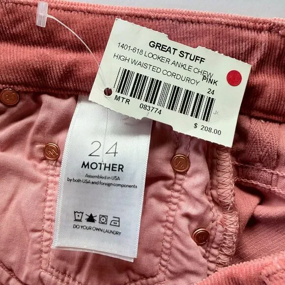 NWT MOTHER Denim High Waisted Looker Ankle Chew in Hopscotch Pink Corduroy Sz 24